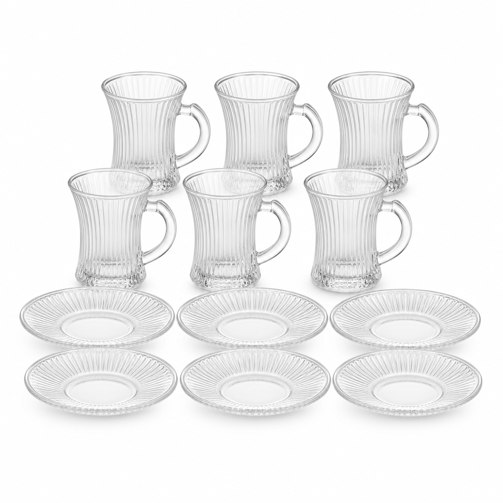 60 Pieces Tall Ribbed Clear Glass Tea Cup and Saucer Set, 12 Pieces