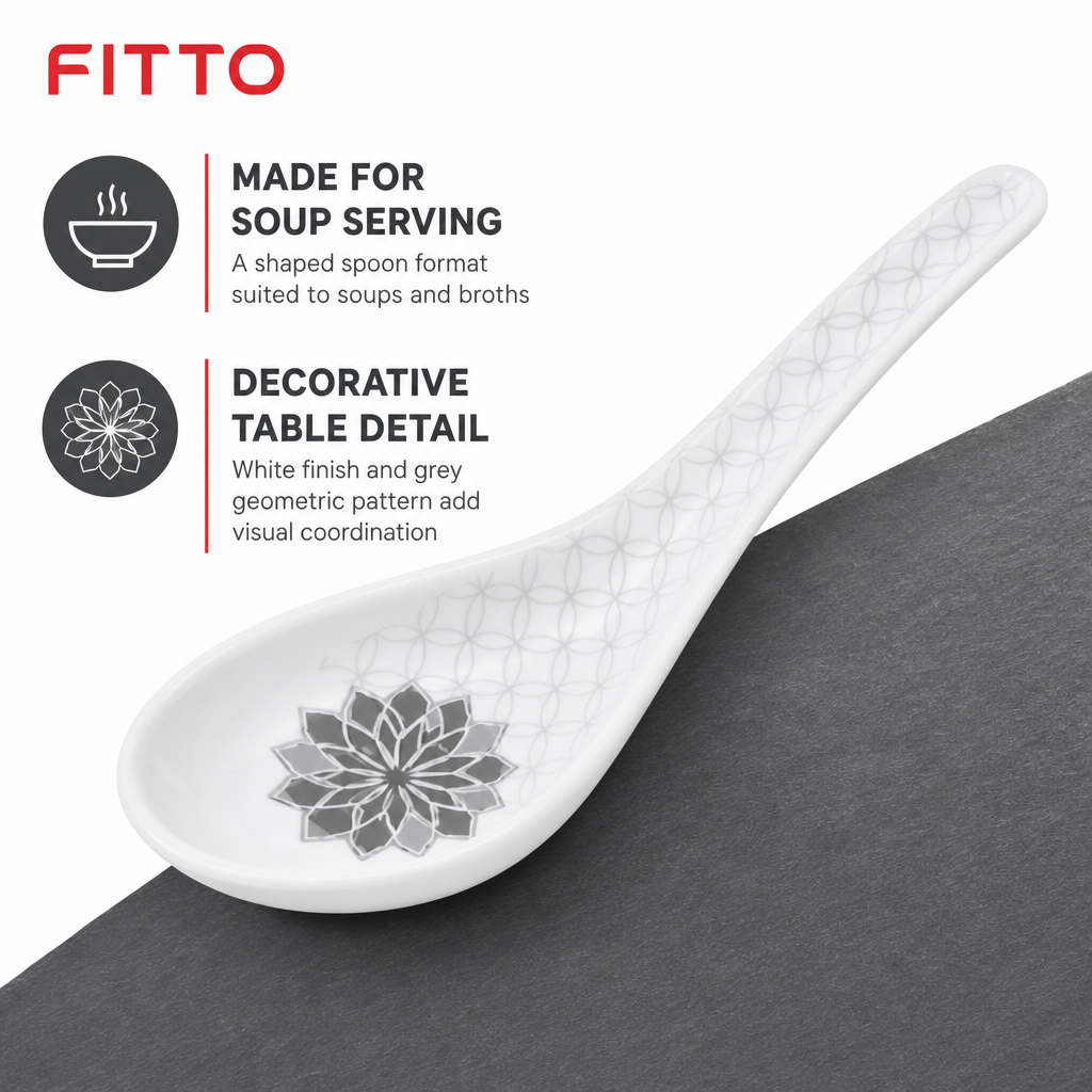 240 Pieces Melamine Chinese Soup Spoon, White with Grey Geometric Pattern, 14 cm