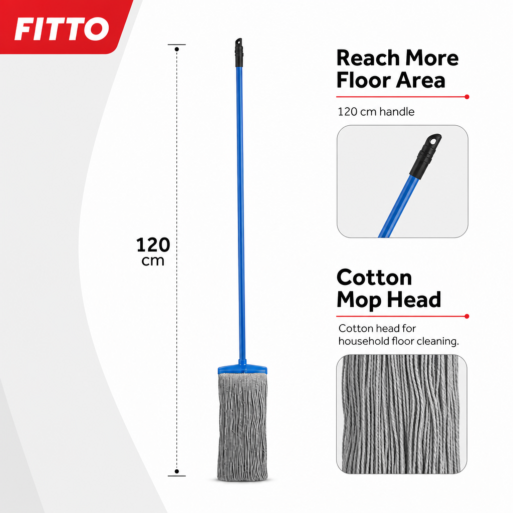 96 Pieces Cotton Mop with Painted Iron Handle, 120 cm, Blue