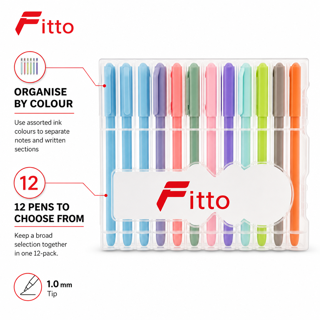 120 Pieces Ball Pens 1.0 mm, 12 Ink Colours, Assorted Colour Writing Pens, 12-Pack
