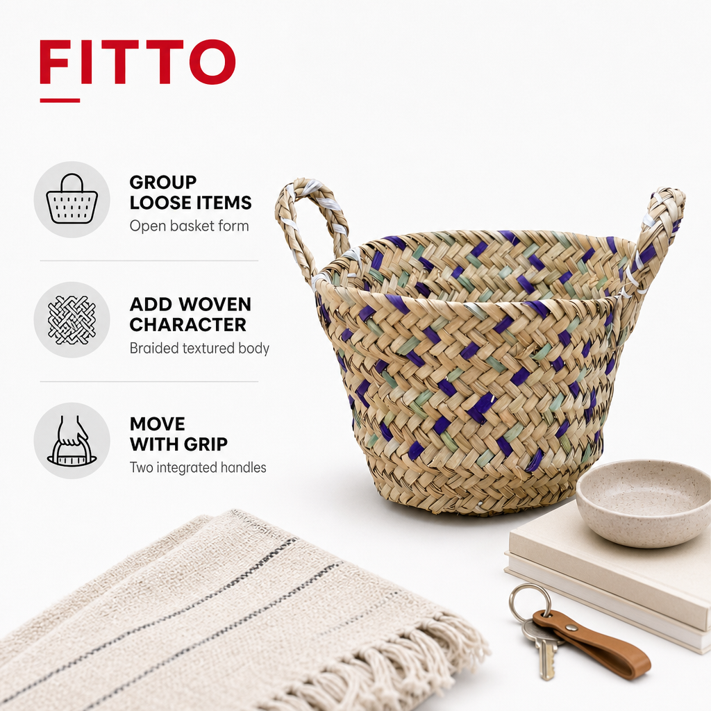72 Pieces Handwoven Storage Baskets with Handles, Medium, Natural Tone with Purple and Mint Accents