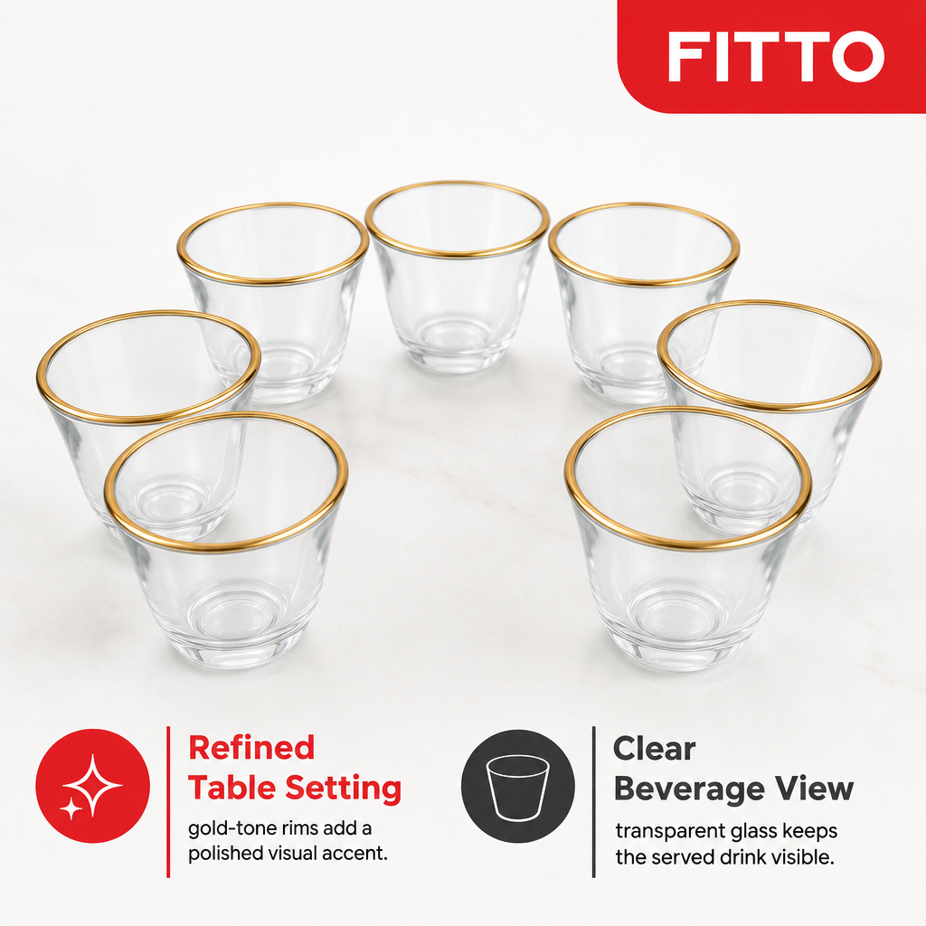 96 Pieces Clear Glass Cawa Cups with Gold-Tone Rims, Rounded Design, 6-Piece Drinkwares Set