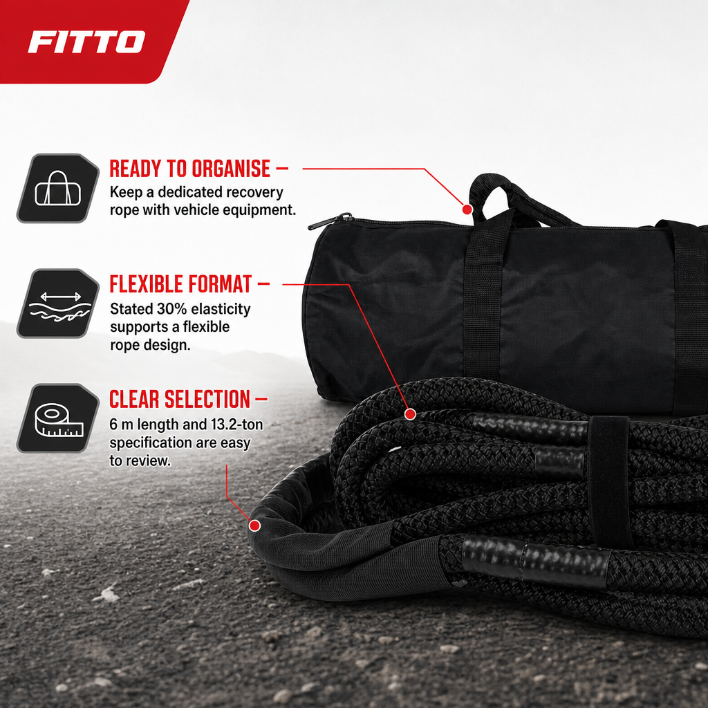 48 Pieces Kinetic Vehicle Recovery Tow Rope, 6 m, 13.2-Ton Specification, 30% Elasticity, Black