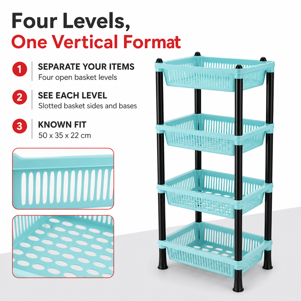 72 Pieces 4-Tier Plastic Storage Basket Rack, Aqua and Black Open Shelving Organizer, 50 x 35 x 22 cm, 1 Unit