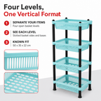 72 Pieces 4-Tier Plastic Storage Basket Rack, Aqua and Black Open Shelving Organizer, 50 x 35 x 22 cm, 1 Unit