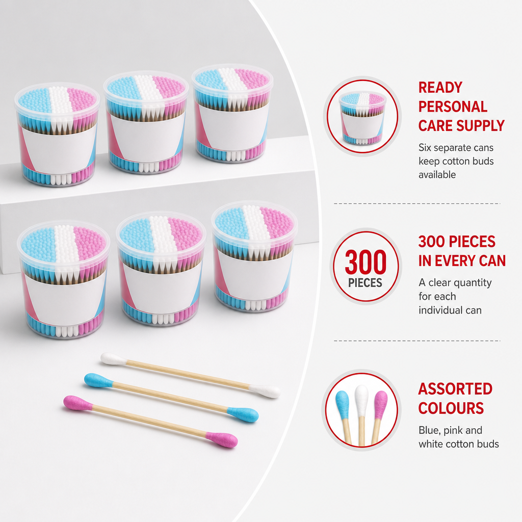 96 Pieces Cotton Budses, 300 Pieces per Can, 6-Pack, Assorted Colours in Plastic Cans