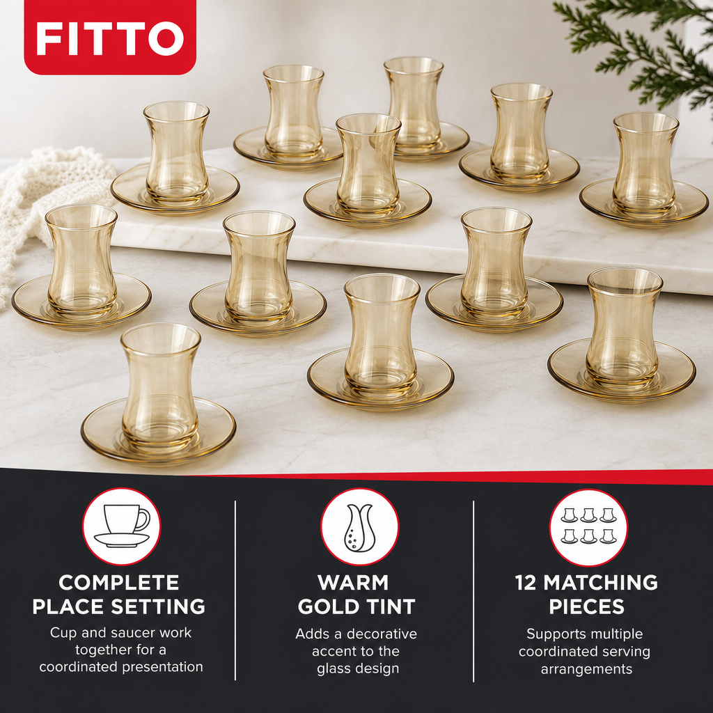 60 Pieces Glass Tea Cup and Saucer Set, Gold Tint, 12 Pieces