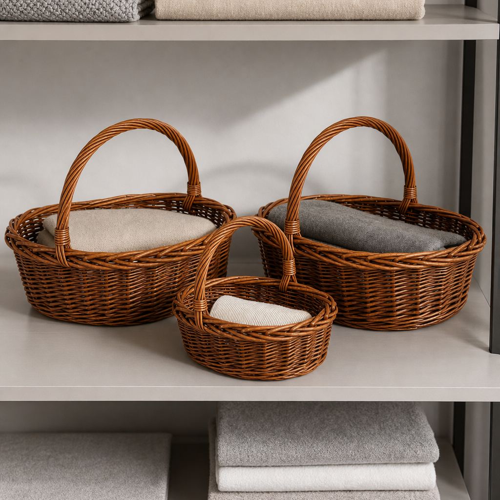 48 Pieces Oval Wicker Basket Sets with Handles, Brown, 3 Piece, 38 x 31 x 20 cm