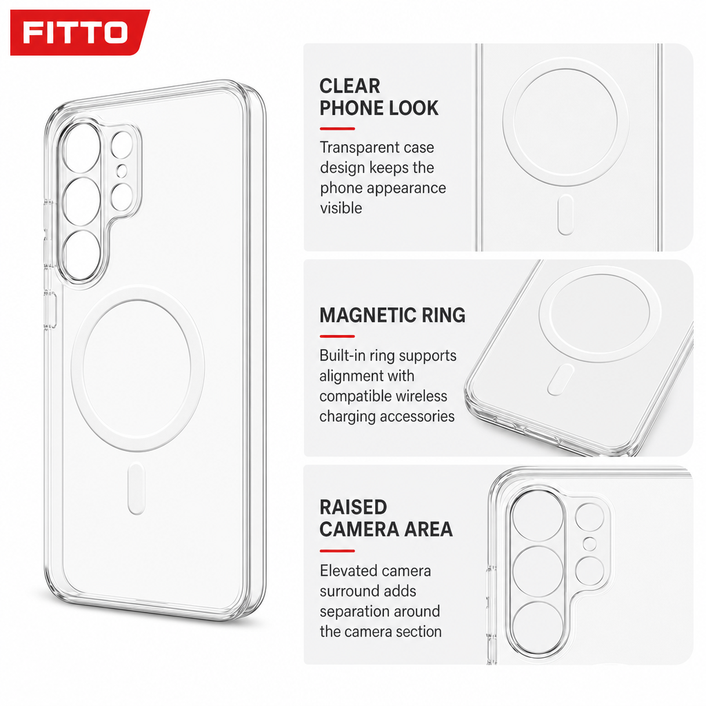 96 Pieces Crystal Clear Magnetic Phone Cases with Ring for Wireless Charging and Raised Camera Protection
