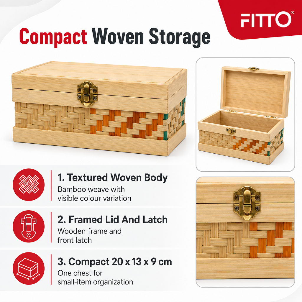 96 Pieces Woven Bamboo Storage Chest with Wooden Frame and Latch, 20 x 13 x 9 cm