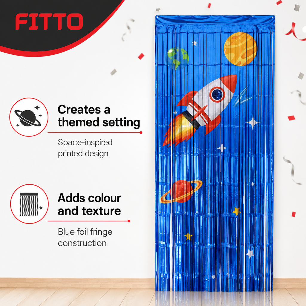 144 Pieces Space Happy Birthday Foil Fringe Curtain Backdrop, 2 m