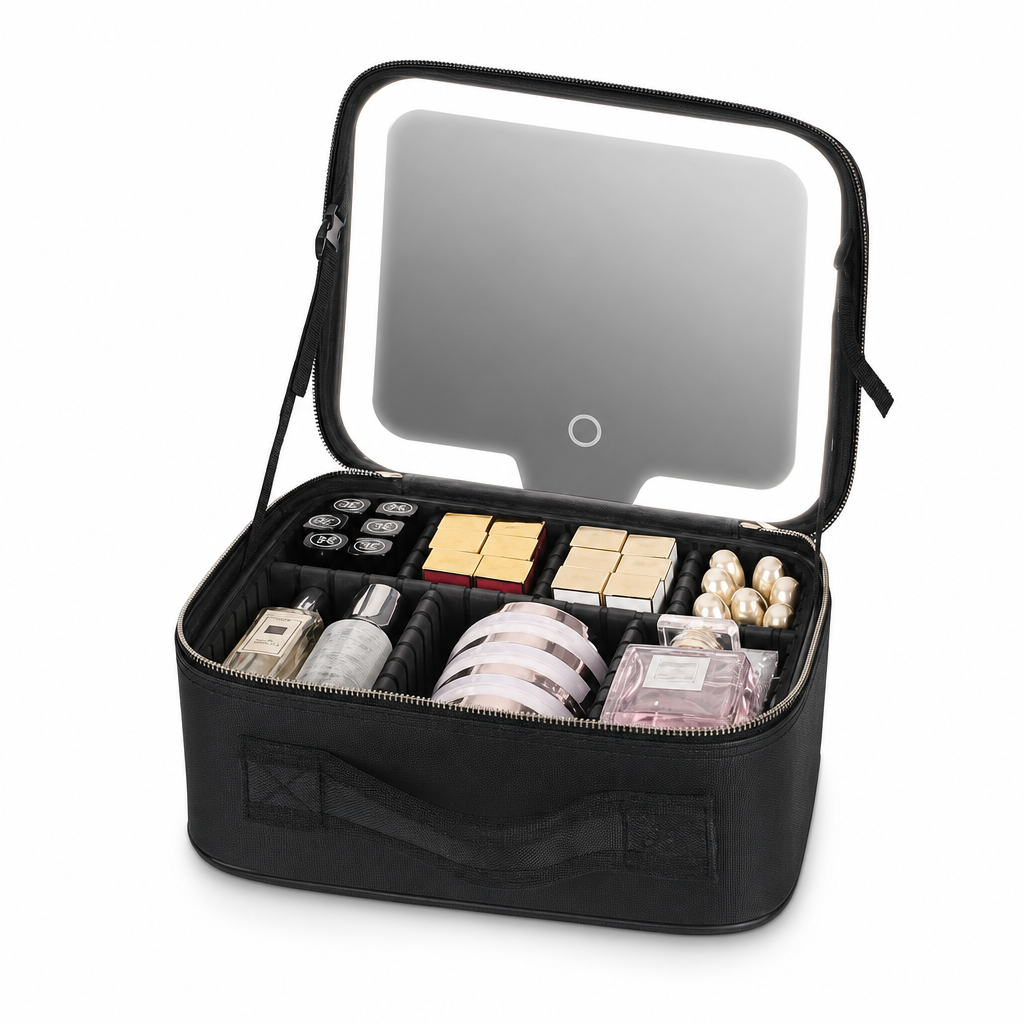 48 Pieces Makeup Organiser Case with LED Mirror, Storage Compartments, USB-C Cable and Black Portable Design, 1 Case