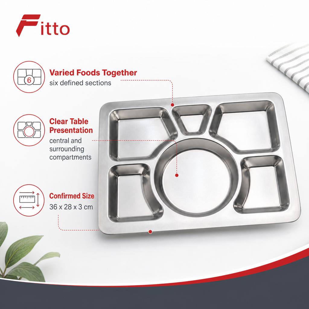 96 Pieces Stainless Steel Compartment Serving Trays, 6-Section Divided Platter, 36 x 28 x 3 cm, Silver