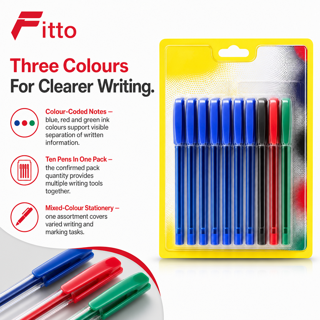 120 Pieces Ball Pens, Blue Red and Green Assorted Ink Colours, 10-Pack