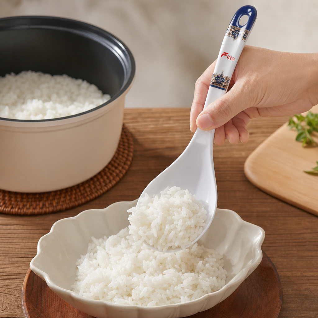144 Pieces Melamine Rice Ladle with Decorative Handle, White, 30 cm