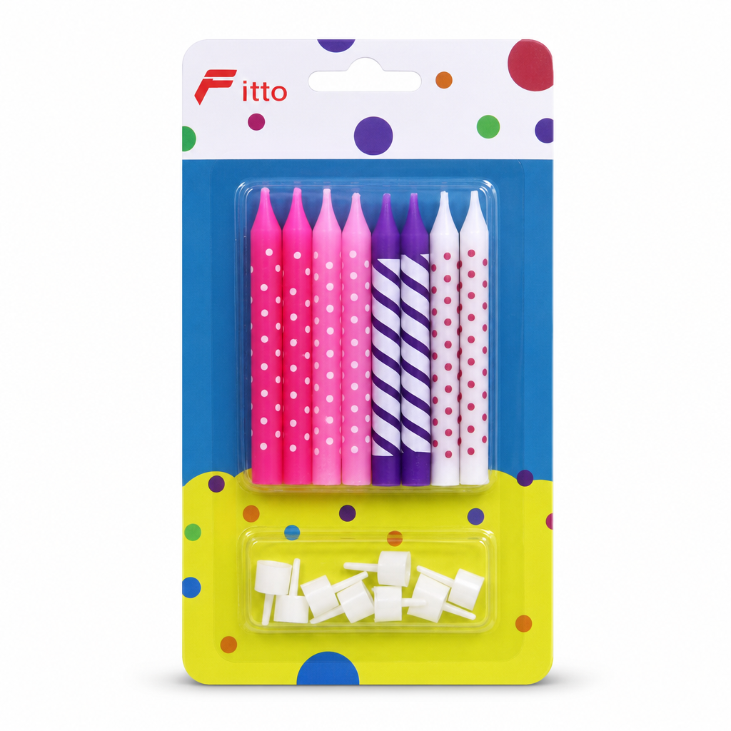 144 Pieces Birthday Candles, Pink-Tone Assorted Printed Set with 8 Holders, Cake Decoration Supplies