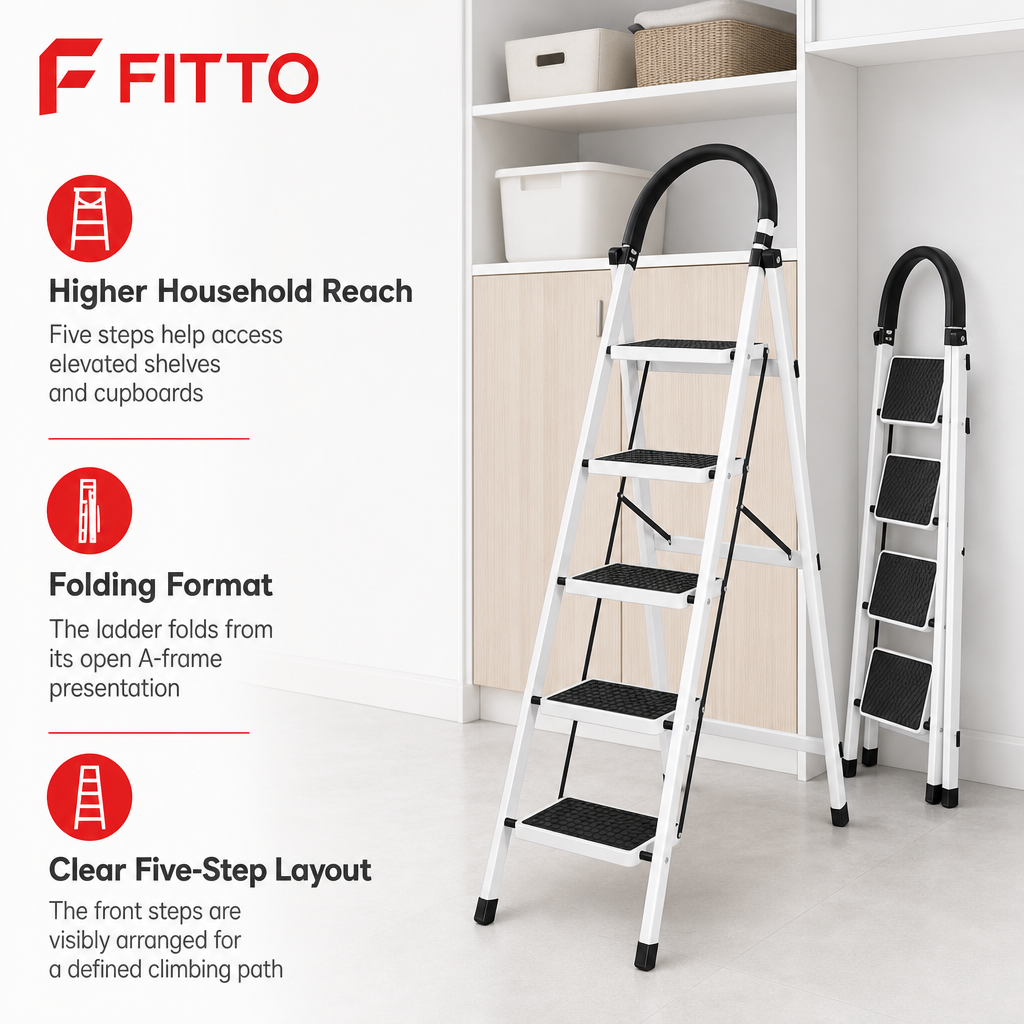 48 Pieces White 5-Step Folding Metal Step Ladder, 165 x 46 cm, 1 Piece
