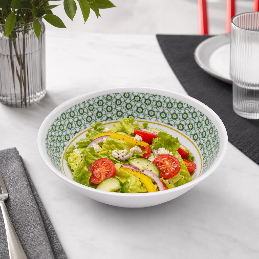 96 Pieces Melamine Salad Bowl, 7 Inch, White with Green and Yellow Pattern