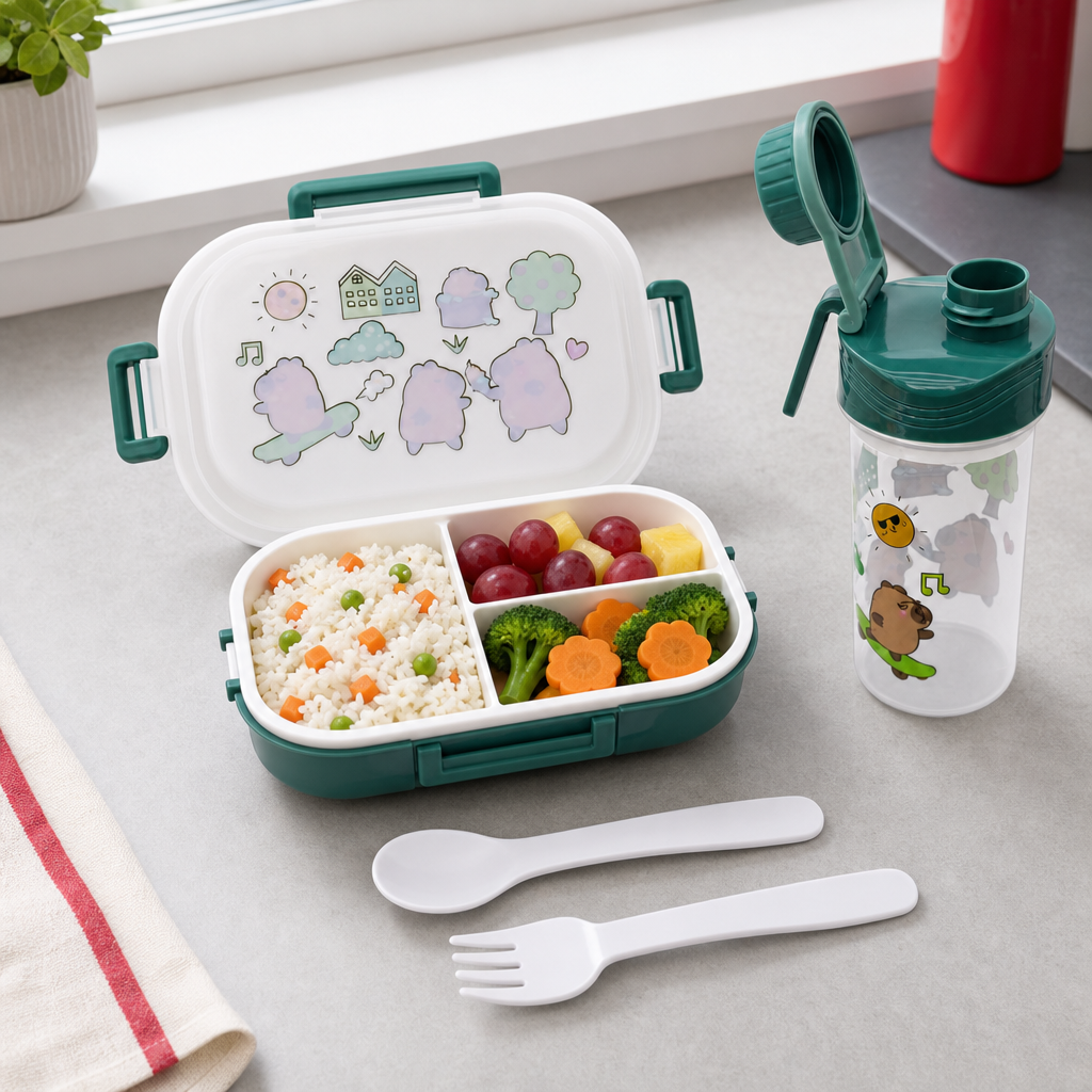 96 Pieces Assorted Colour Rectangular Plastic Lunch Box Set with 500 ml Bottle, Spoon and Fork