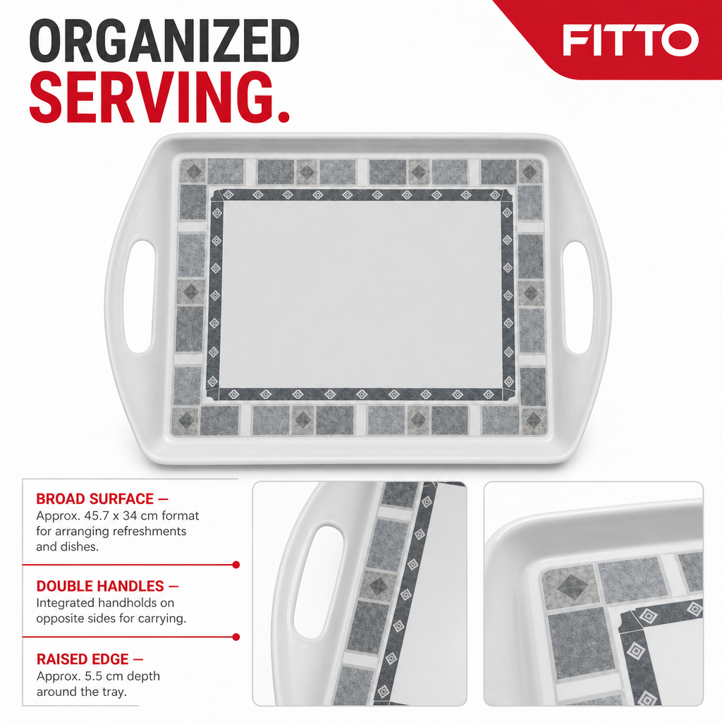 96 Pieces Serving Trays, Rectangular Melamine Tray with Double Handles, 18 Inch, Grey Geometric Border