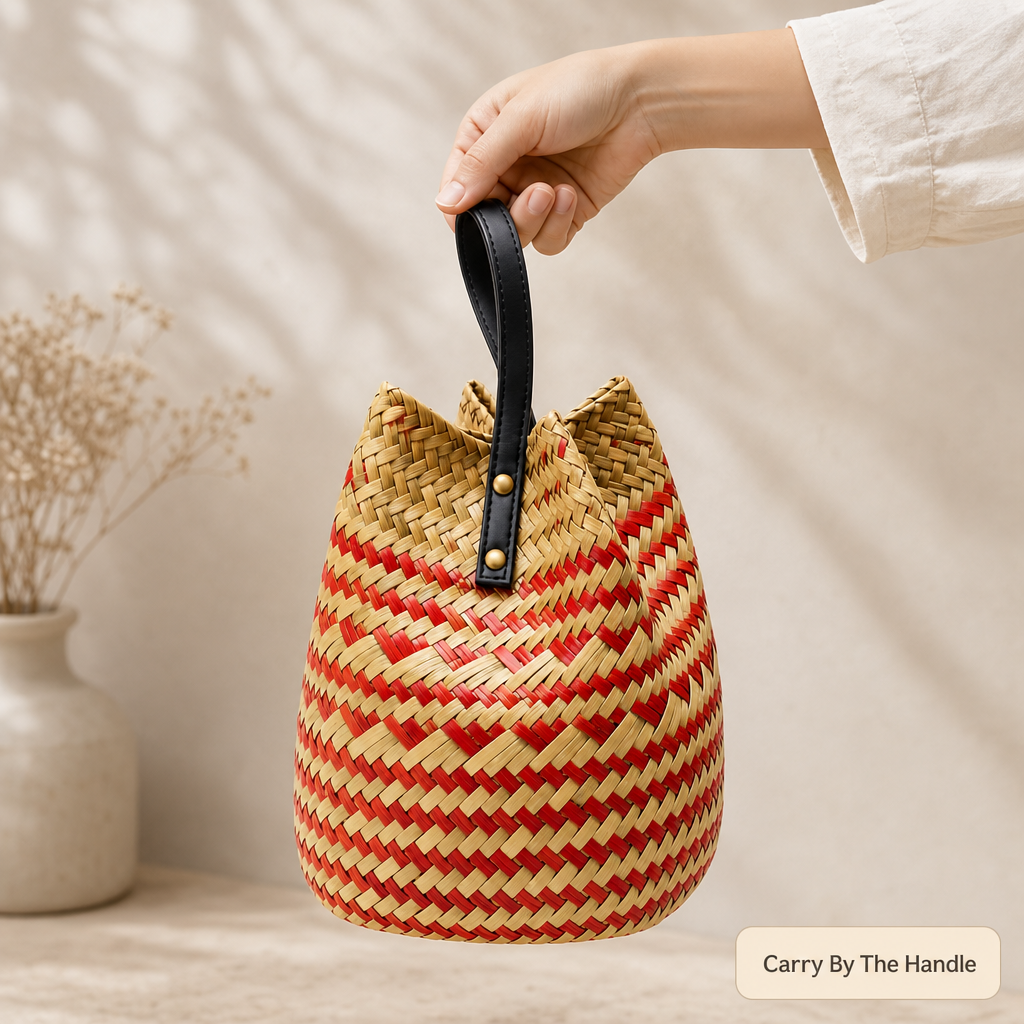 72 Pieces Handwoven Natural Fiber Bucket Handbags, Red and Cream Striped, 22 x 18 x 14 cm