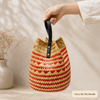 72 Pieces Handwoven Natural Fiber Bucket Handbags, Red and Cream Striped, 22 x 18 x 14 cm