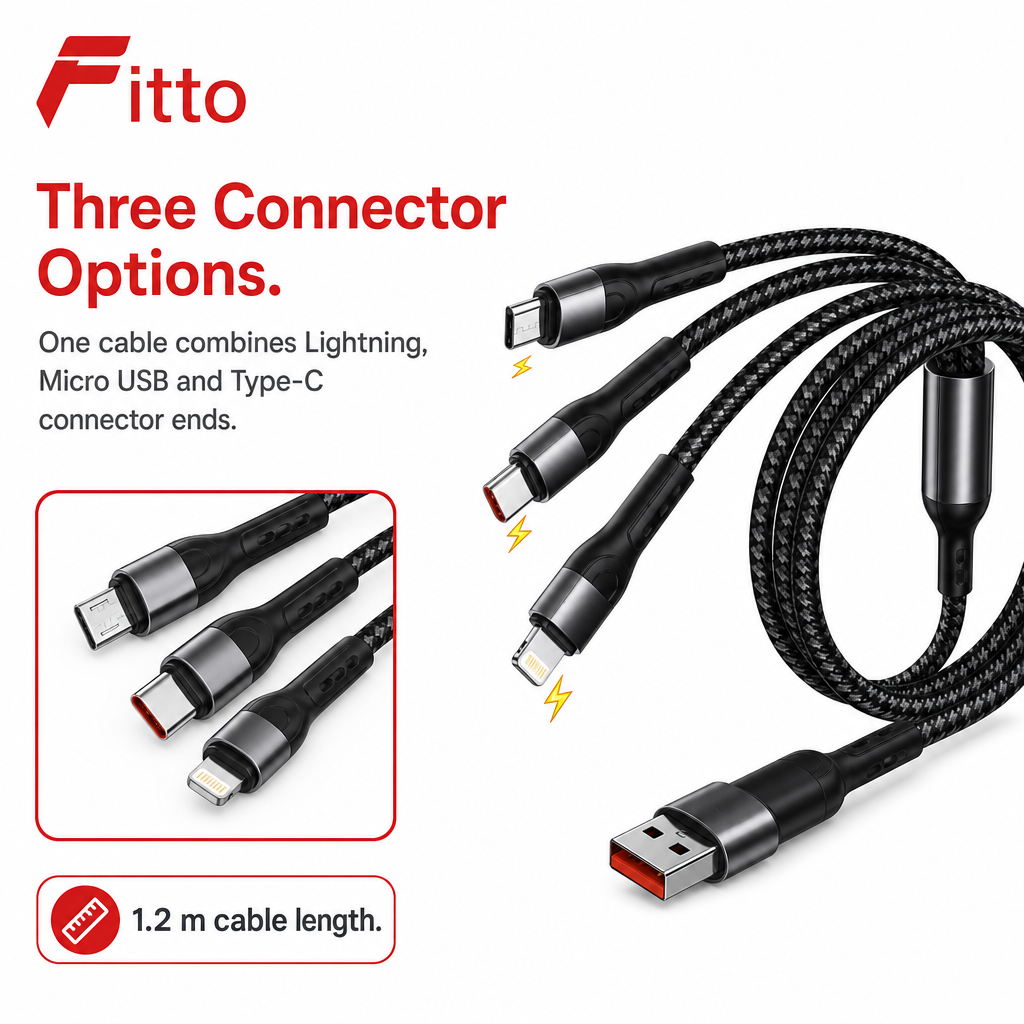 120 Pieces 3-in-1 Charging Cable, 1.2m Multi-Connector Cable for Lightning, Micro USB and Type-C Devices