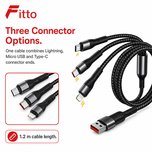120 Pieces 3-in-1 Charging Cable, 1.2m Multi-Connector Cable for Lightning, Micro USB and Type-C Devices