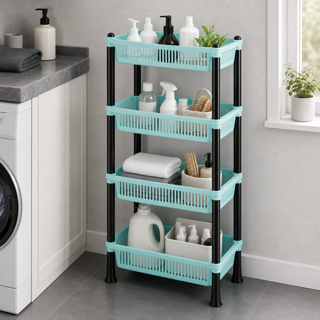 72 Pieces 4-Tier Plastic Storage Basket Rack, Aqua and Black Open Shelving Organizer, 50 x 35 x 22 cm, 1 Unit