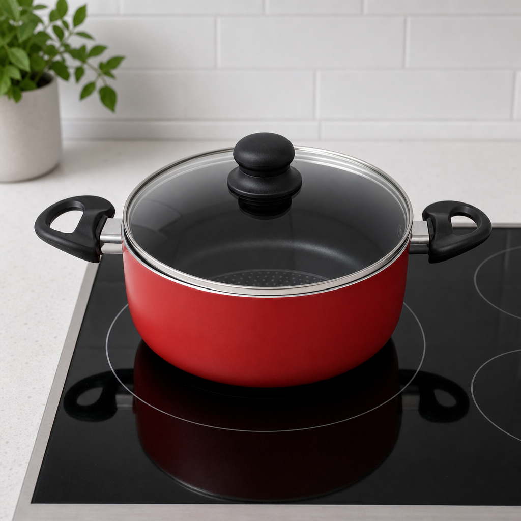 48 Pieces Saucepot 22 cm Red Aluminium Non-Stick Pot with Glass Lid and Side Handles, 1 Piece