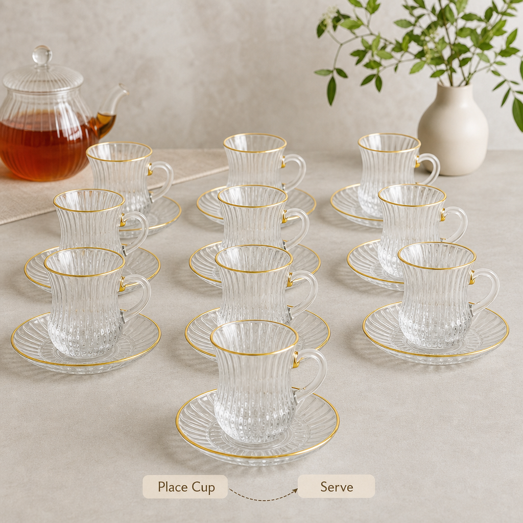 48 Pieces Clear Ribbed Glass Tea Coffee Set with Gold Rim Accents, 18 Pieces