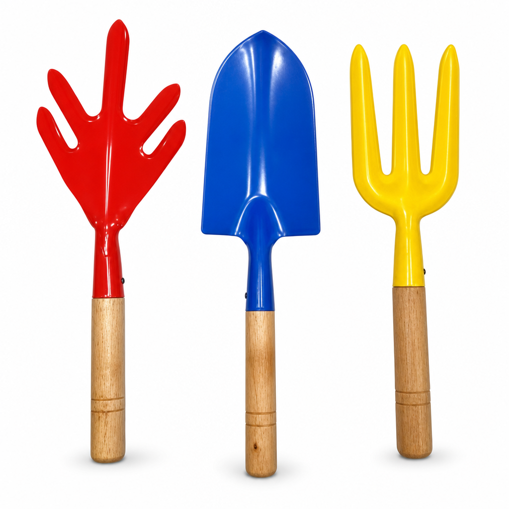 144 Pieces Garden Hand Tools Set, Red Blue and Yellow 3-Piece Set with Wooden Handles for Digging and Cultivating