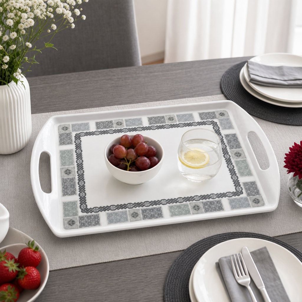 96 Pieces Melamine Serving Trays with Double Handles, Rectangular 15 Inch, Grey Geometric Border