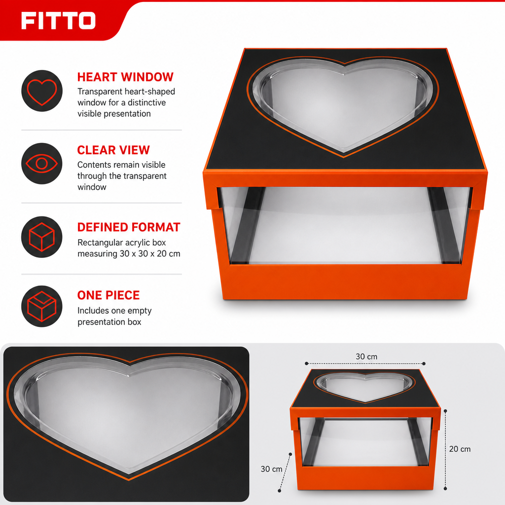 48 Pieces Acrylic Presentation Box, Orange and Black, Transparent Heart Window, 30 x 30 x 20 cm, 1 Piece