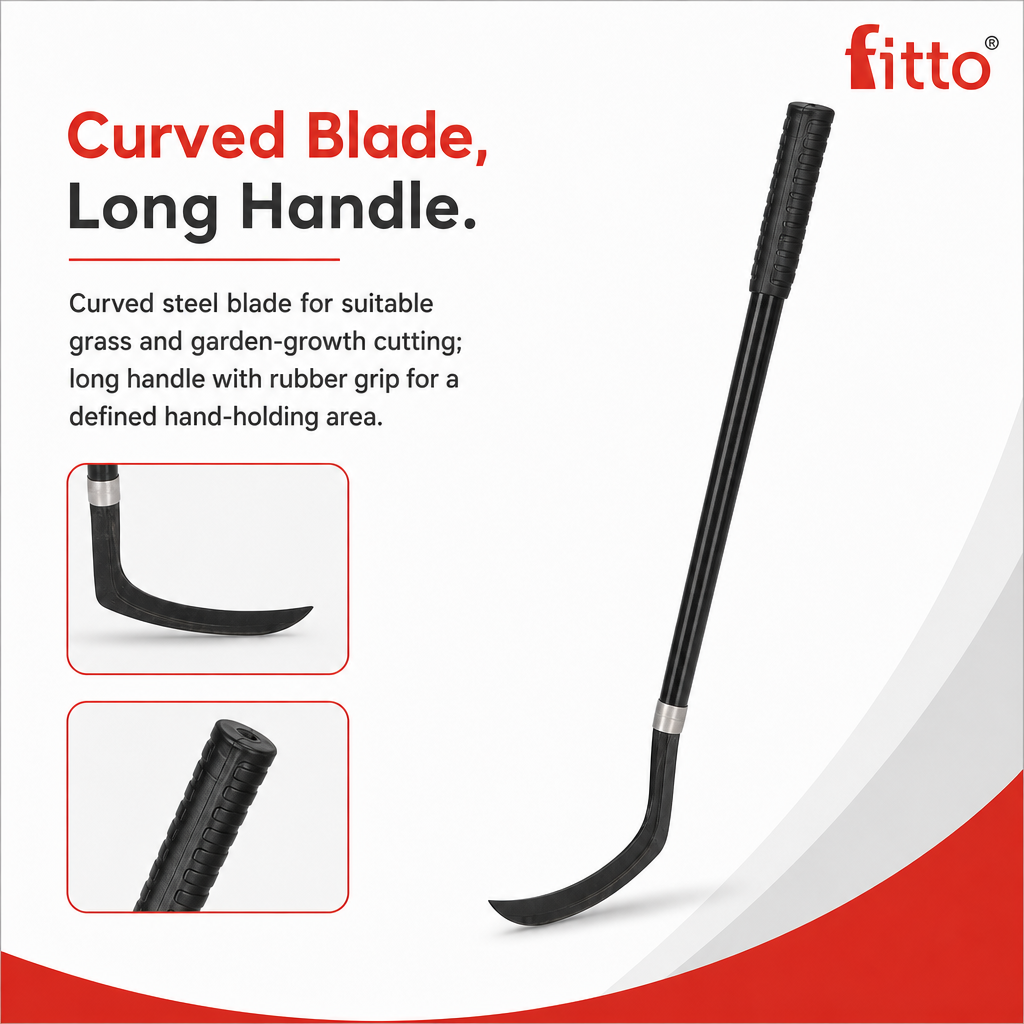 96 Pieces Steel Grass Sickle with Long Handle and Rubber Grip, 55 cm, Black, 1 Piece