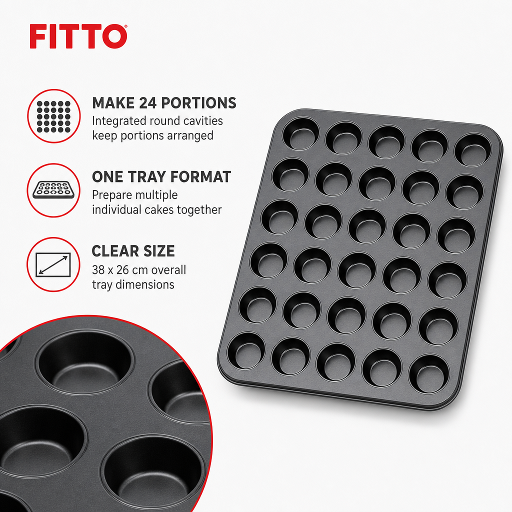 96 Pieces 24-Cup Cake Mold, Black Carbon Steel Non-Stick Tray, 38 x 26 cm, 1 Piece