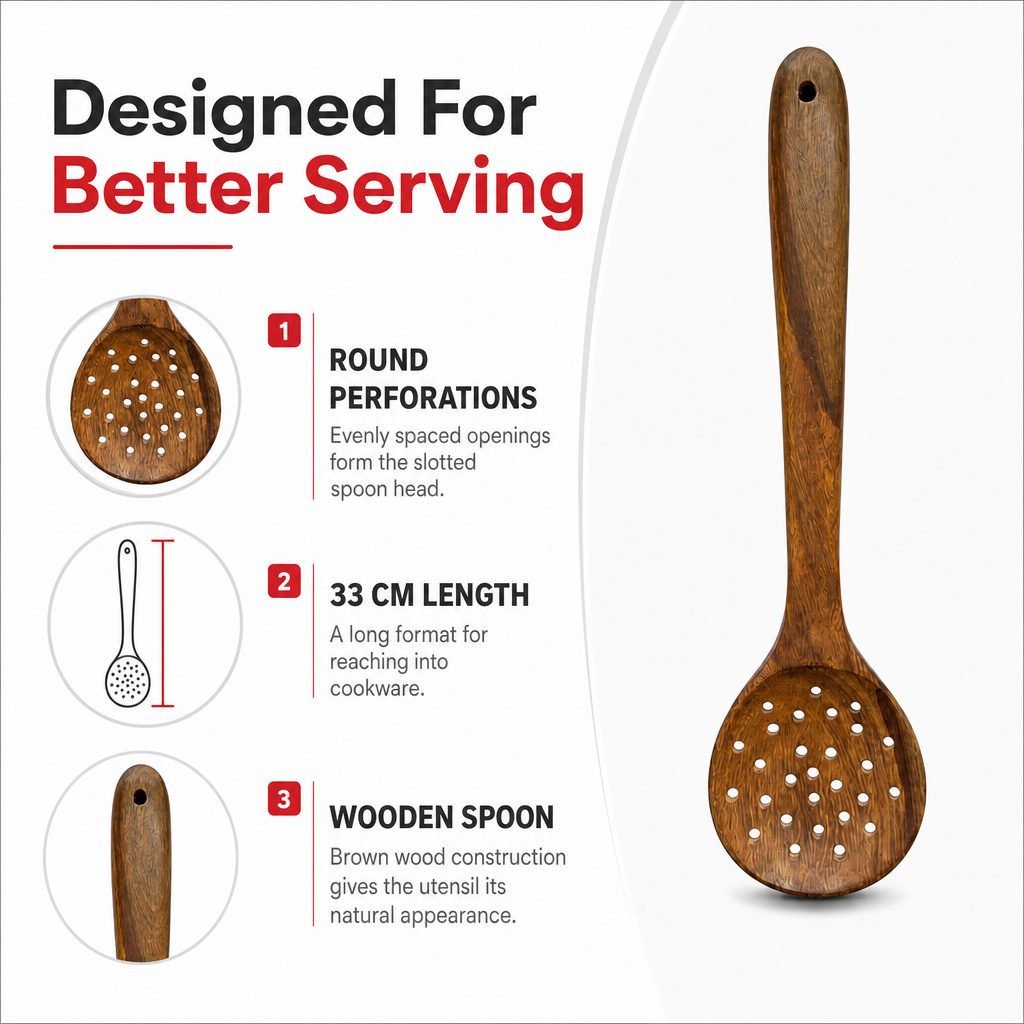 120 Pieces Wooden Slotted Cooking Spoon with Round Perforations, 33 cm, Brown, 1 Piece