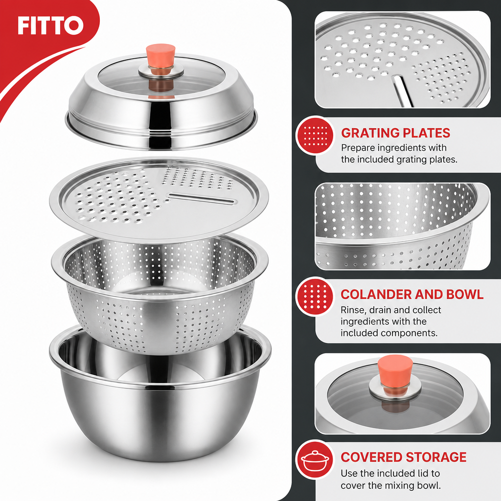 60 Pieces 4-in-1 Stainless Steel Grater Set with Grating Plates, Colander, Mixing Bowl and Storage Lid, Silver, 1 Set