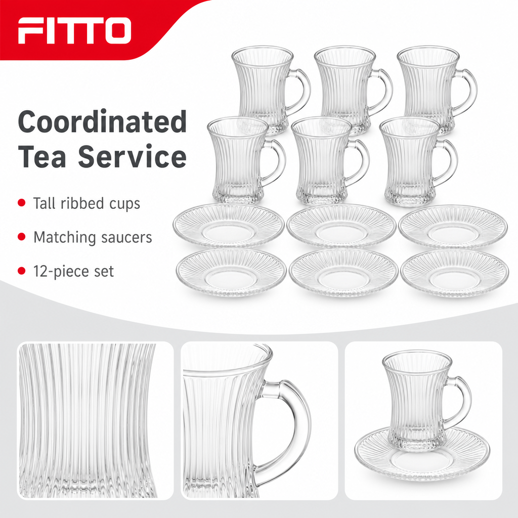 60 Pieces Tall Ribbed Clear Glass Tea Cup and Saucer Set, 12 Pieces