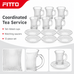 60 Pieces Tall Ribbed Clear Glass Tea Cup and Saucer Set, 12 Pieces