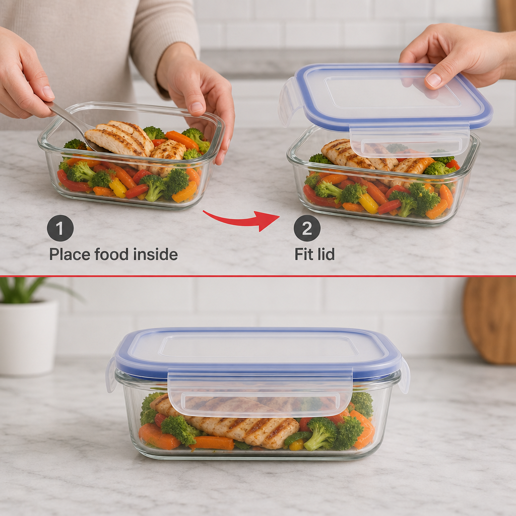 96 Pieces Rectangular Borosilicate Glass Food Container with PP Lid, 1040 ml