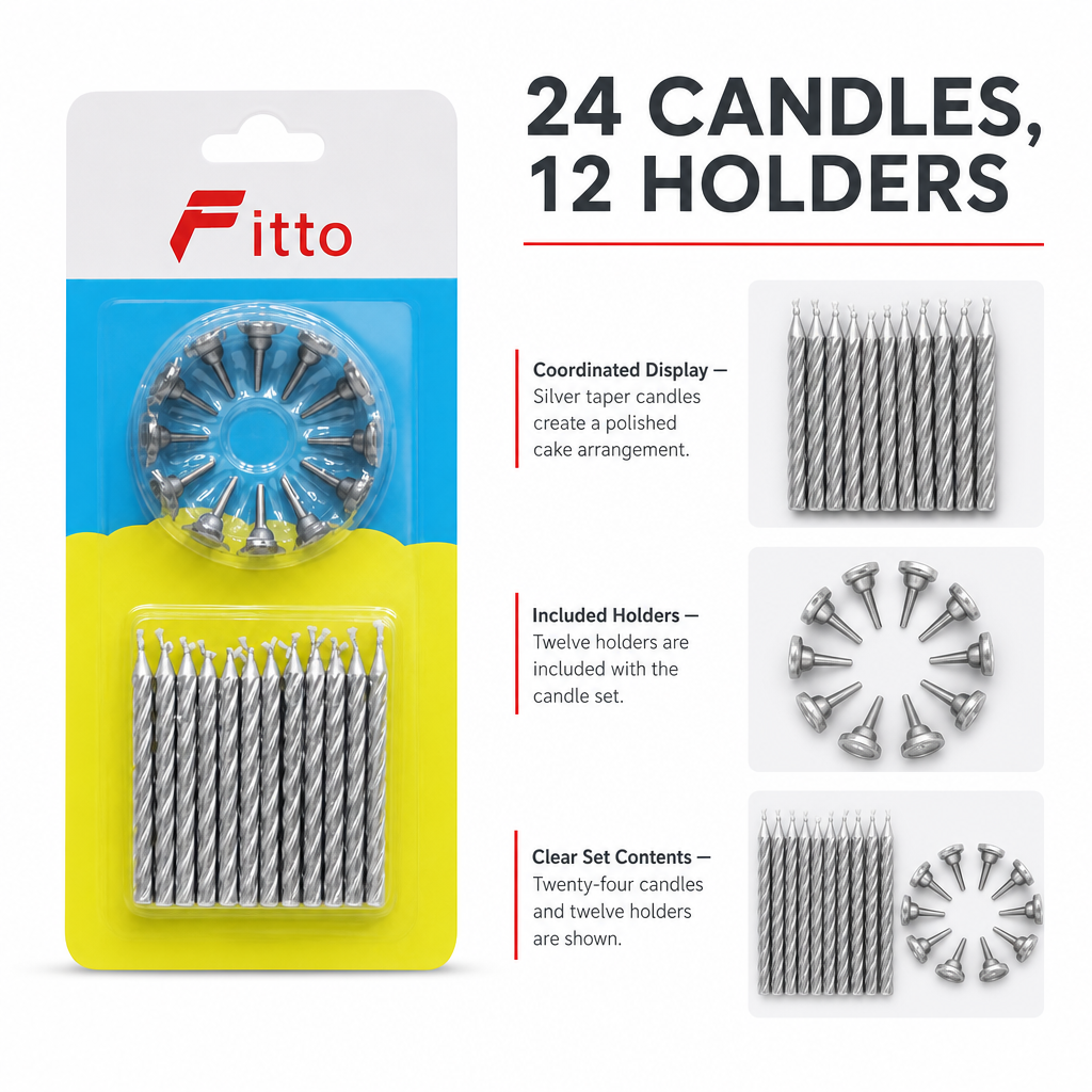 144 Pieces Silver Cake Candles, 24 Pieces with 12 Holders for Celebration Cakes