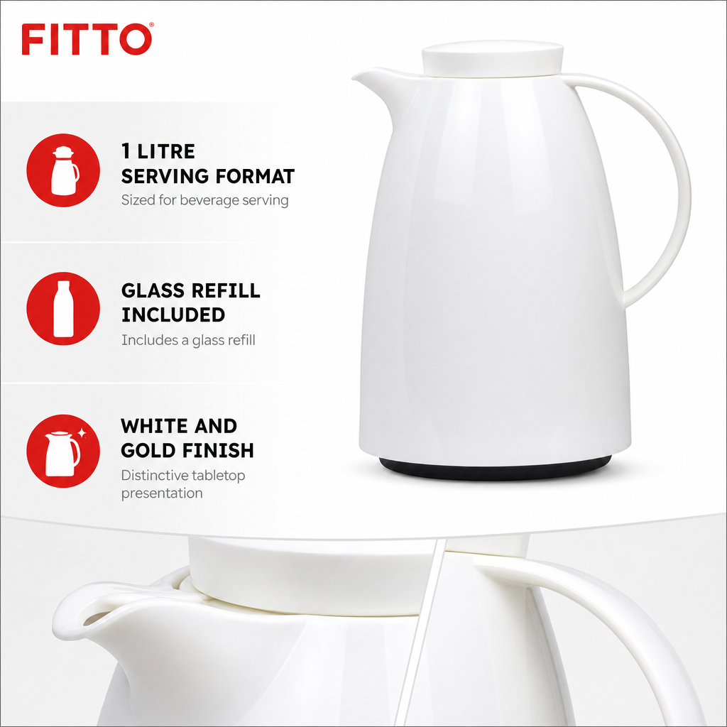 72 Pieces Plastic Vacuum Flask with Glass Refill, 1 Litre, White and Gold