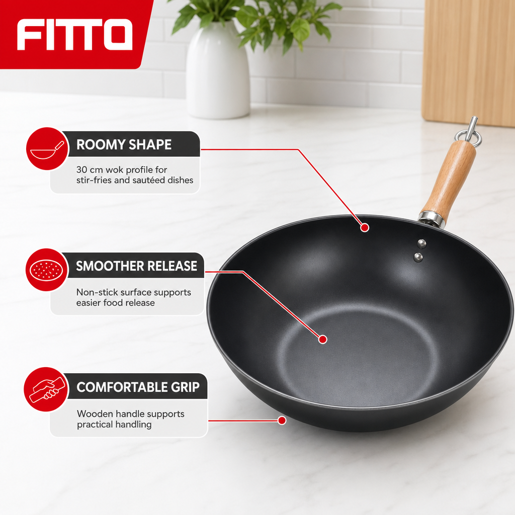 72 Pieces Non-Stick Wok Frying Pan with Wooden Handle, 30 cm