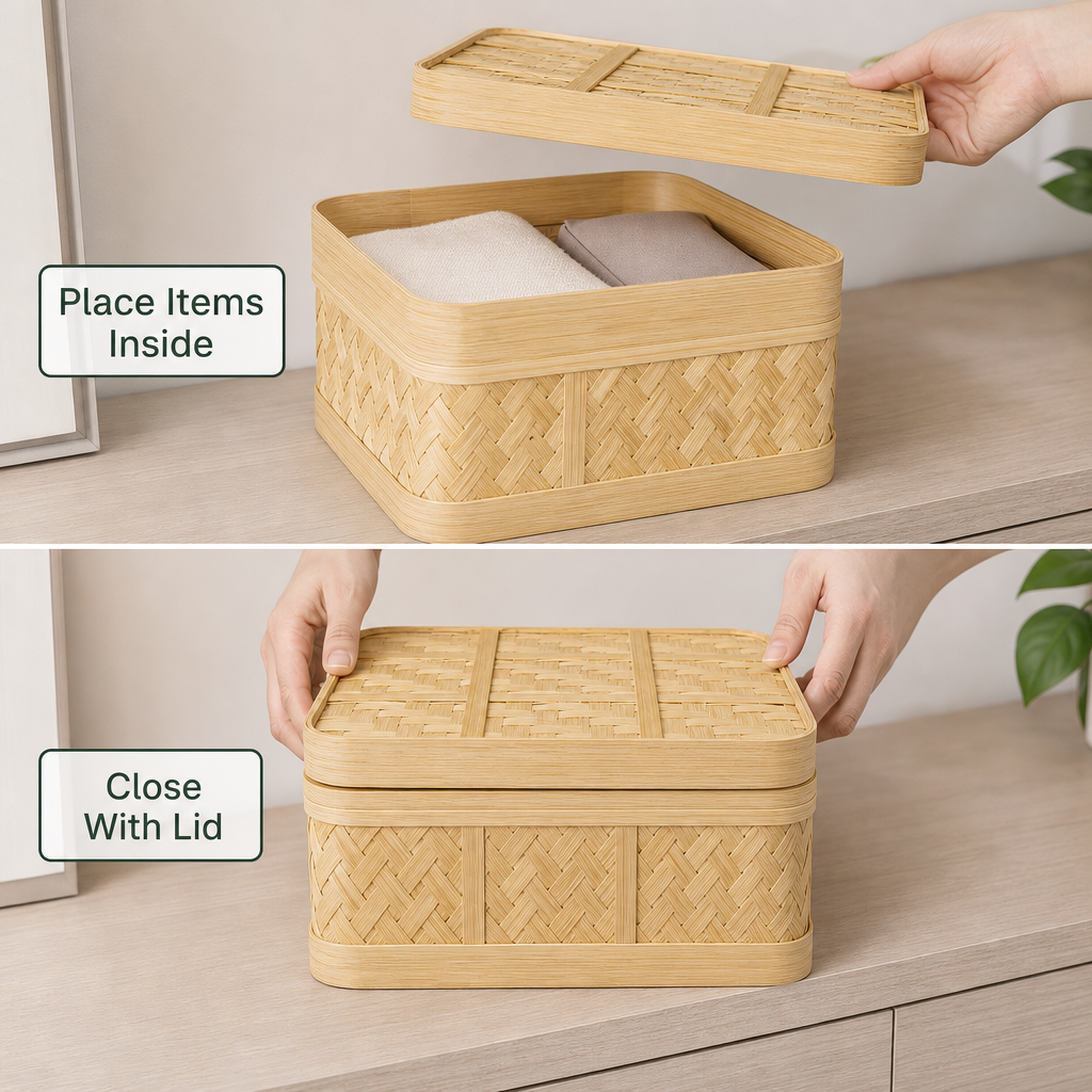 72 Pieces Handwoven Bamboo Storage Box with Lid, Square 22 x 22 x 12 cm