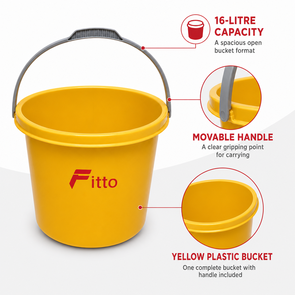 96 Pieces Yellow Plastic Bucket 16 Litre With Handle