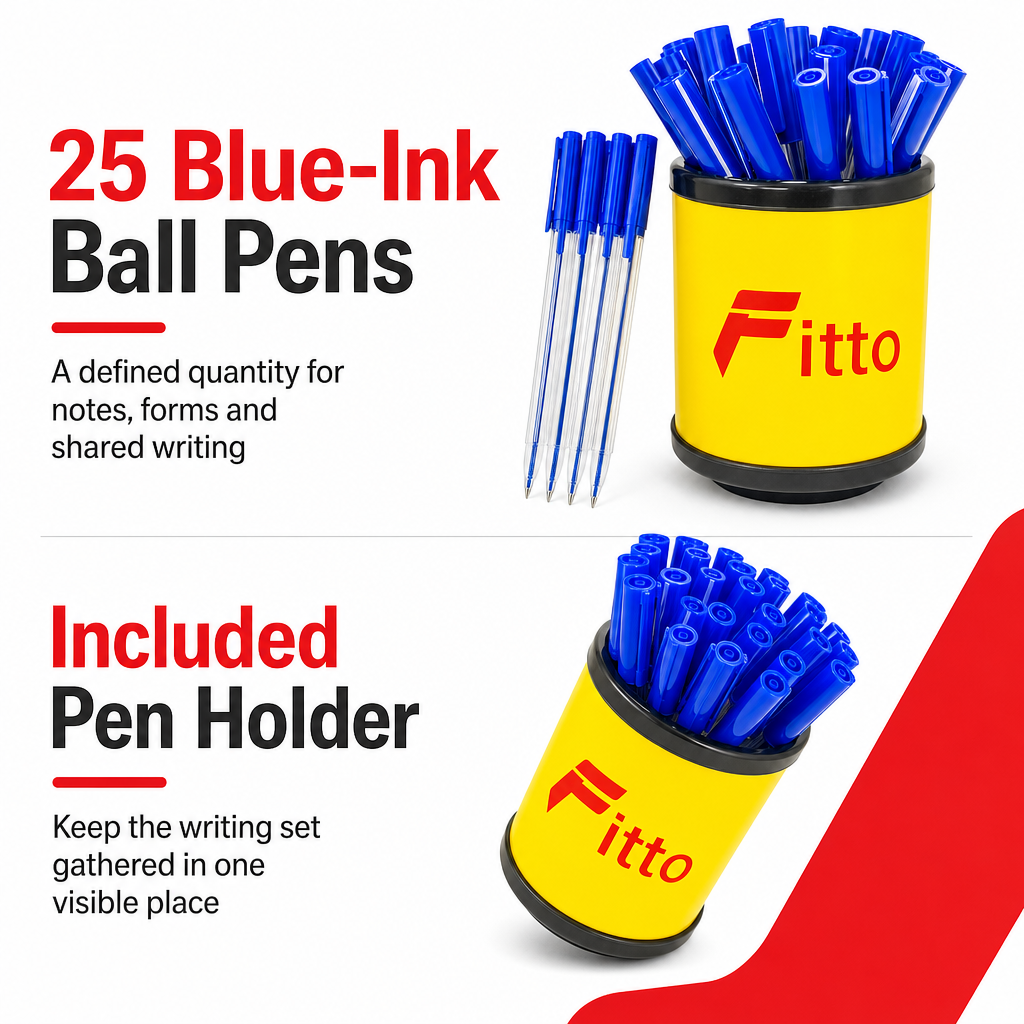 96 Pieces Ball Pens with Pen Holder, Blue Ink, 25 Pack for Office and School Writing