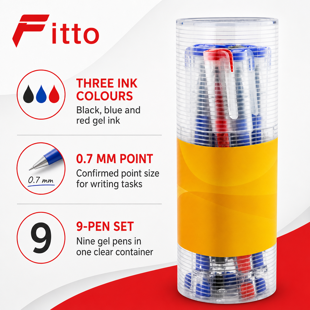 96 Pieces Gel Pens, 0.7 mm, Black Blue Red Ink, 9 Pack