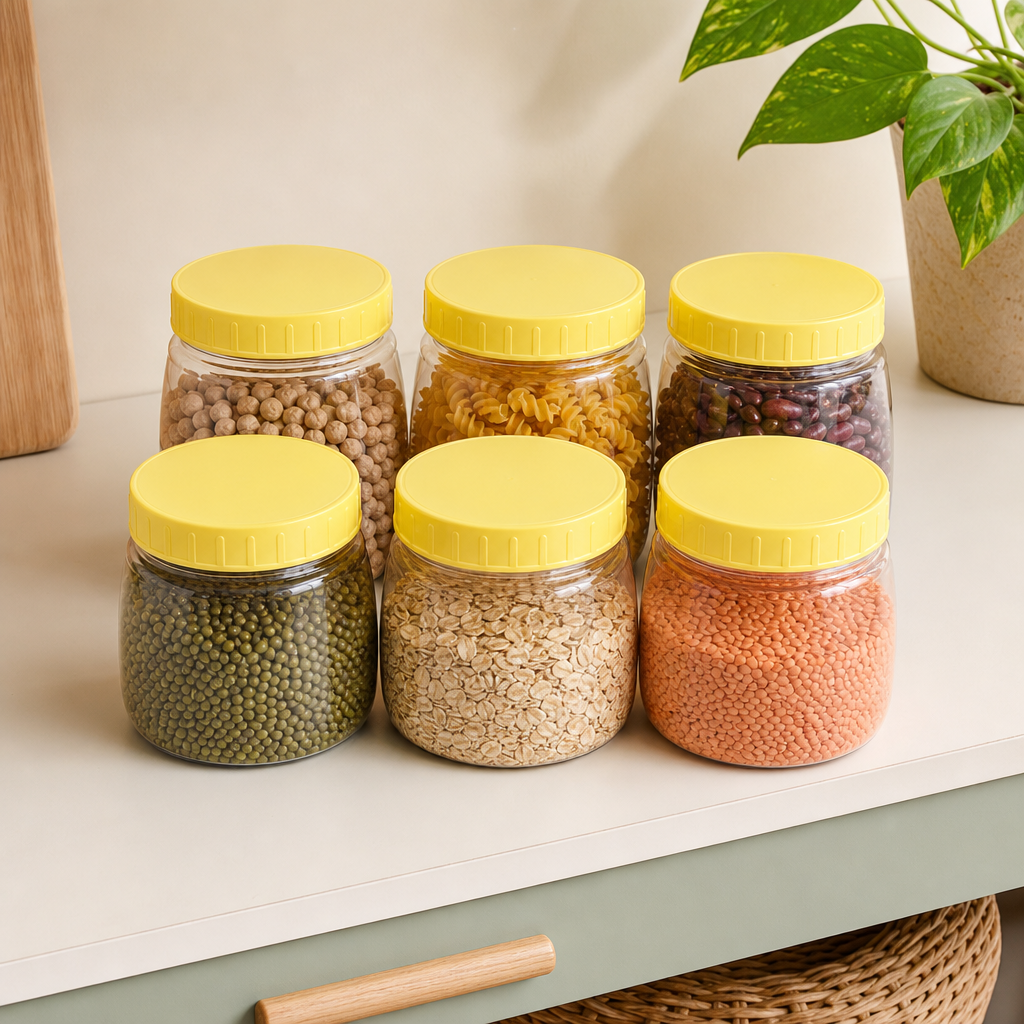 96 Pieces Food Storage Jars with Yellow Lids, 750 ml, Clear Plastic Containers, Pack of 6