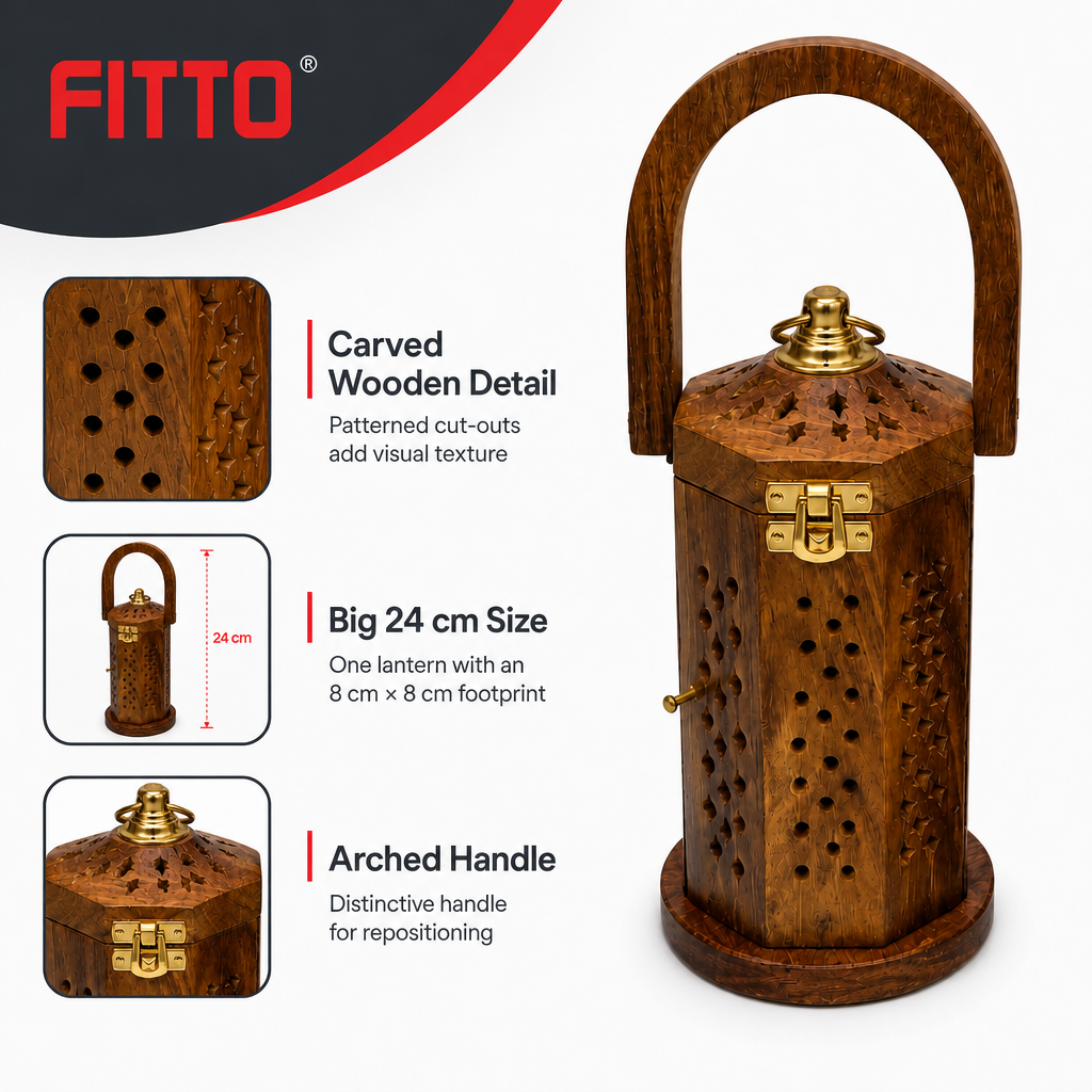 72 Pieces Wooden Decorative Lantern with Handle and Brass-Finish Hardware, Big 24cm